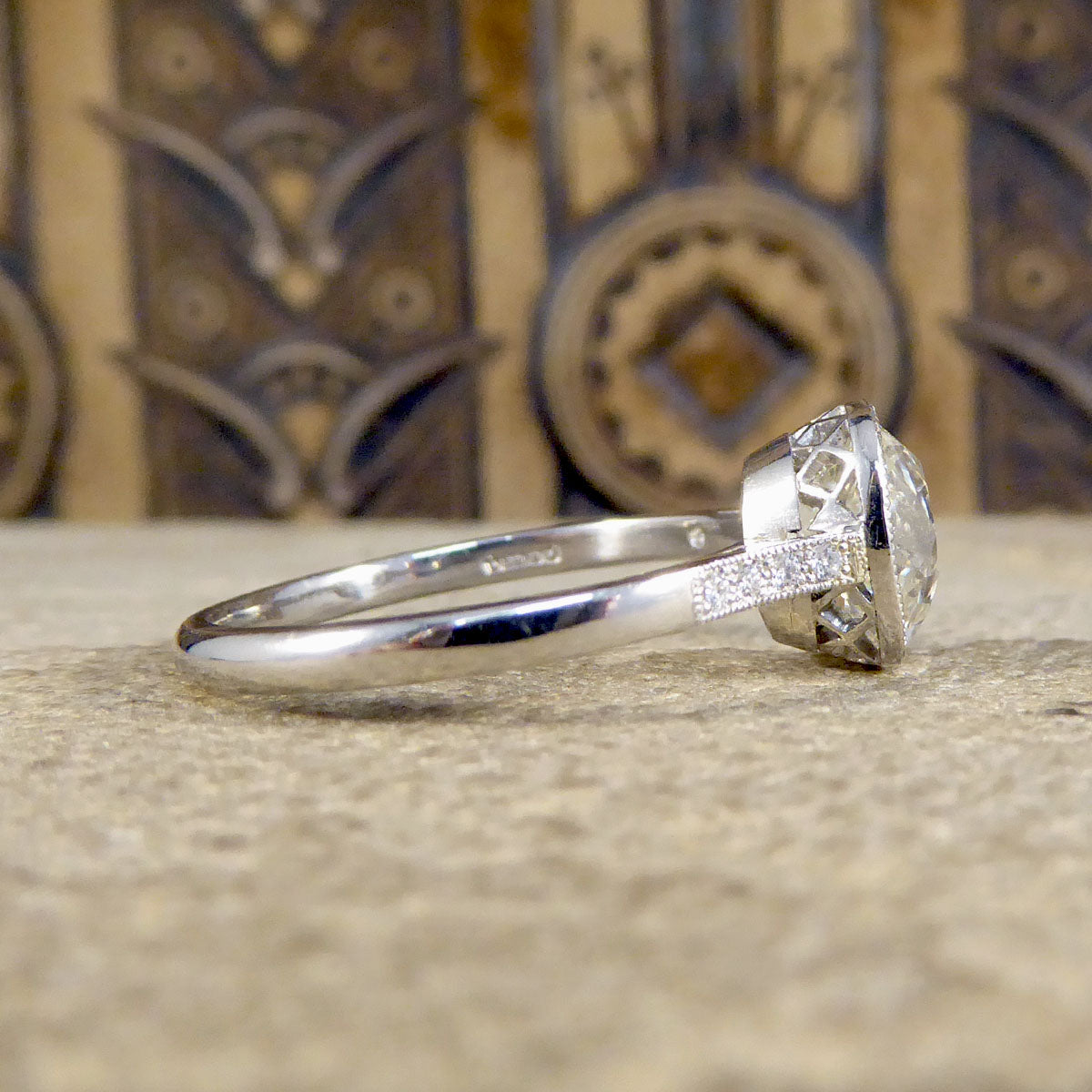 2.35ct Old Cushion Cut Diamond Collar Set Solitaire Engagement Ring with Diamond Shoulders in Platinum - Wharfedale Antiques