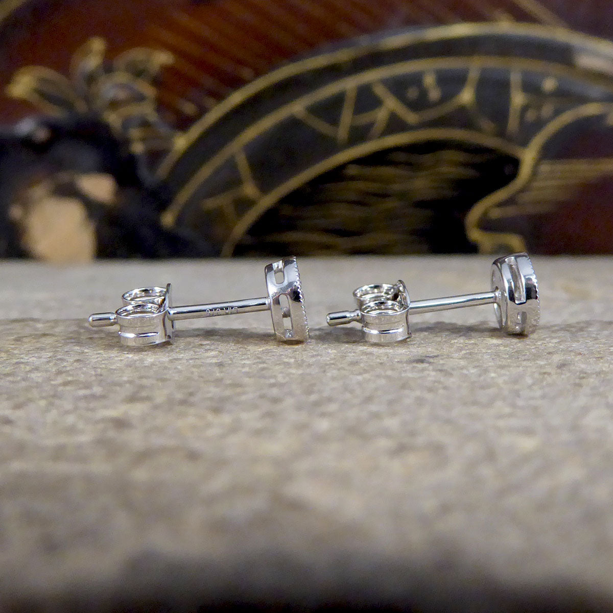 Diamond Cluster Stud Earrings in 9ct White Gold Milgrain Circular Setting - Wharfedale Antiques