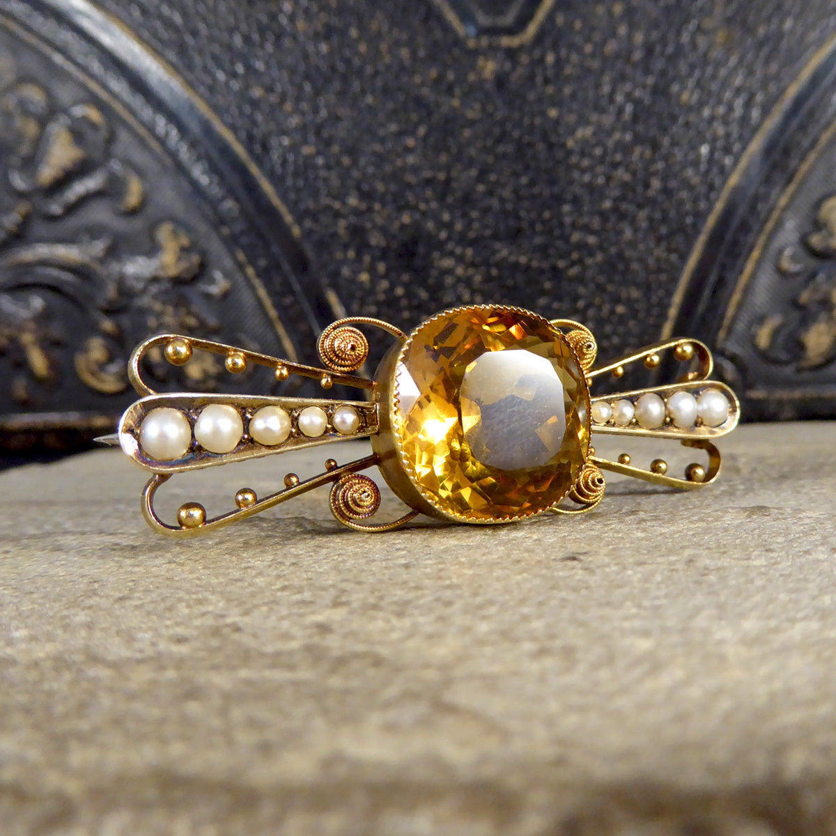 Antique C1900 Collar Set Citrene Brooch with Pearl and Dot Decorative Wings in 15ct Yellow Gold