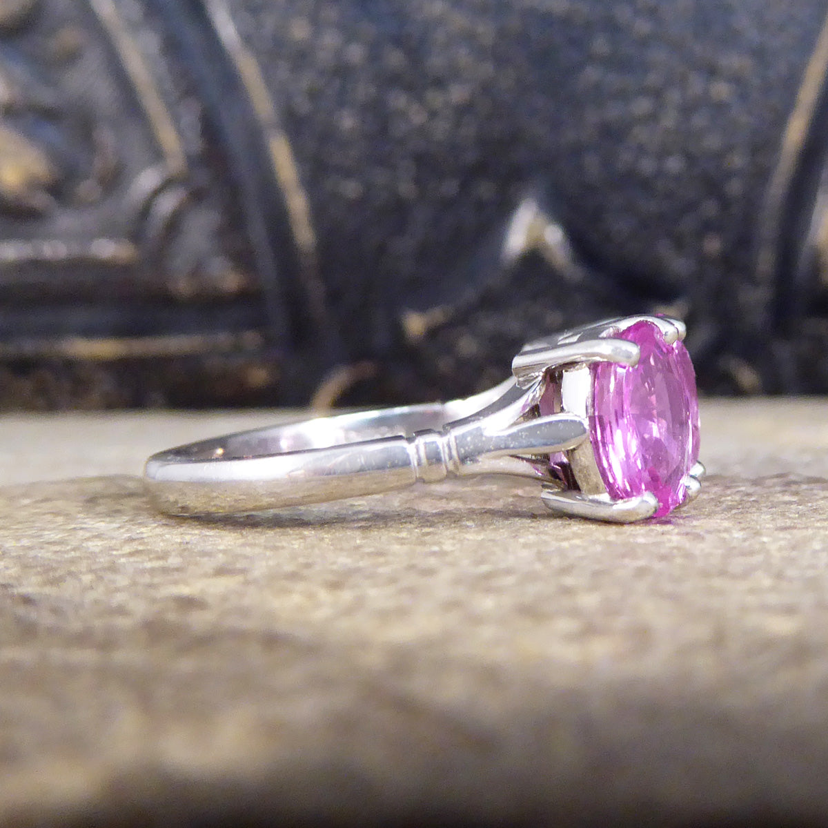 Pink Sapphire Three Stone Ring with Diamond Spacers in 18ct White Gold - Wharfedale Antiques