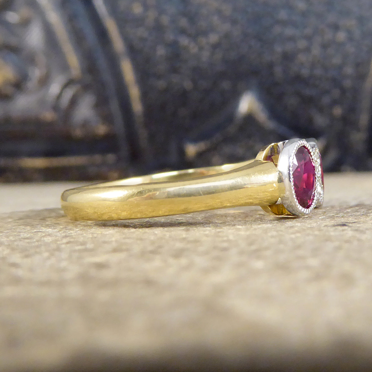 Quality Burma Ruby Three Stone Ring with Diamond Spacers in 18ct Yellow and White Gold - Wharfedale Antiques