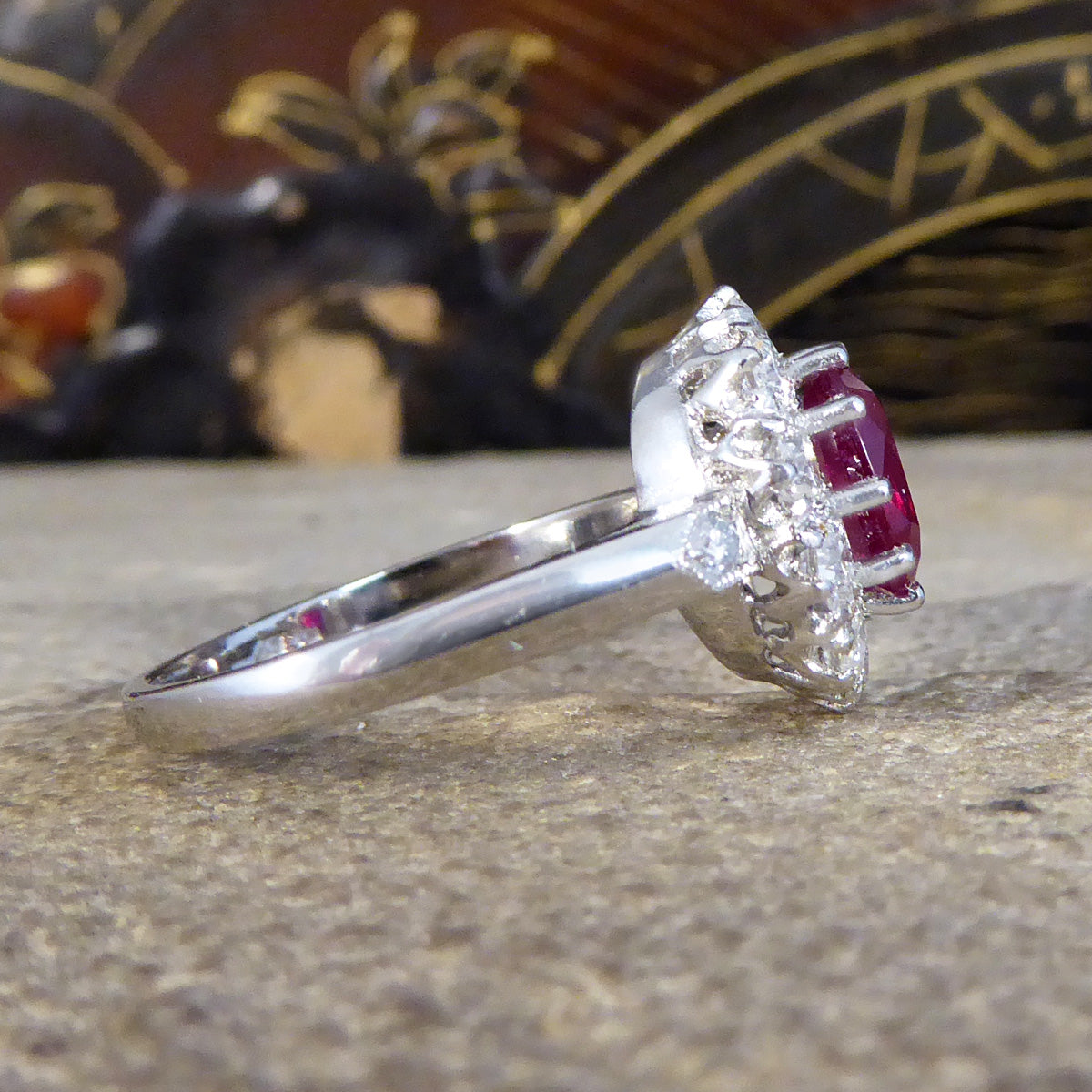 Contemporary 1.28ct Ruby and 0.95ct Diamond Cluster Ring in Platinum - Wharfedale Antiques