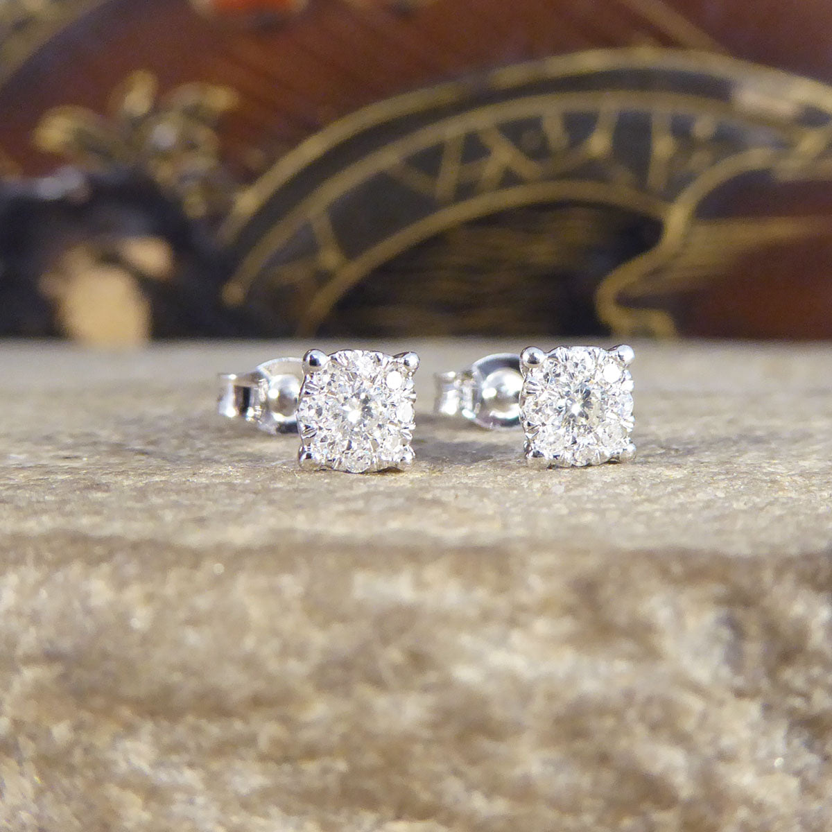 Contemporary 0.20ct Diamond Cluster and 1.00ct Look Earrings in White Gold - Wharfedale Antiques