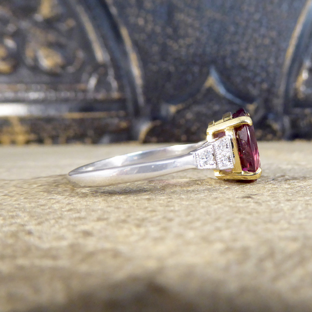 Premium Period Deco Replica 2.77ct Raspberry Red Tourmaline and Diamond Ring in 18ct White and Yellow Gold - Wharfedale Antiques