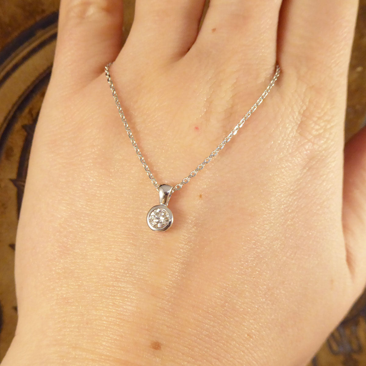 Contemporary 0.25ct Modern Brilliant Diamond Rub Over Pendant on White Gold Chain - Wharfedale Antiques