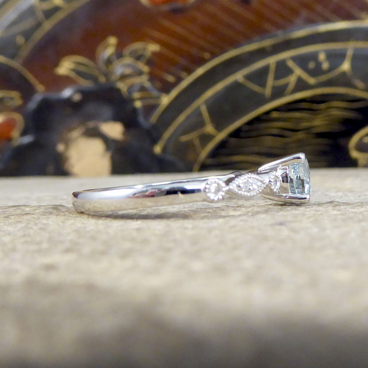 Aquamarine Solitaire Ring with Diamond Milgrain Shoulders in White Gold - Wharfedale Antiques