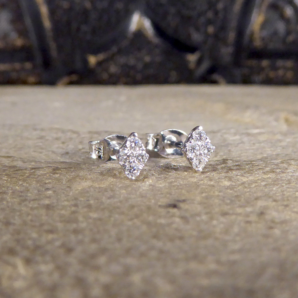 Contemporary Diamond Shaped Diamond Cluster Earrings in White Gold