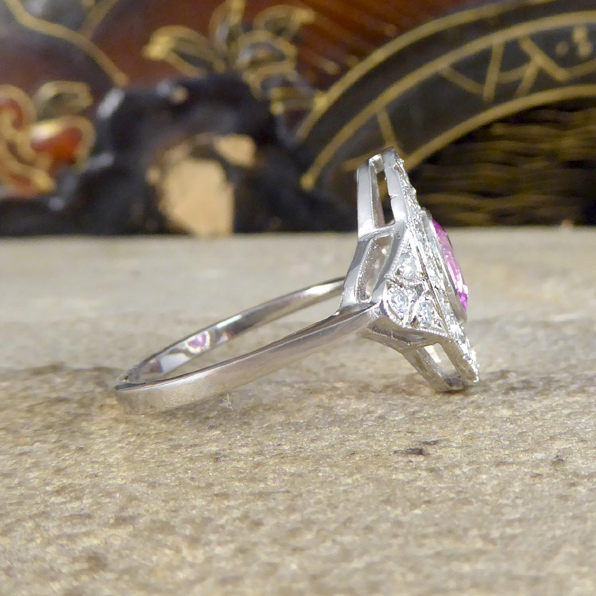 Art Deco Style Pink Sapphire and Diamond Navette Shaped Plaque Ring in Platinum - Wharfedale Antiques