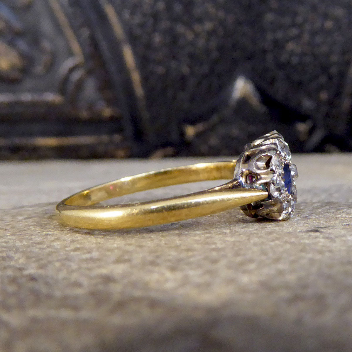 Edwardian Double Sapphire and Ruby Diamond Daisy Cluster Ring in 18ct Yellow Gold - Wharfedale Antiques