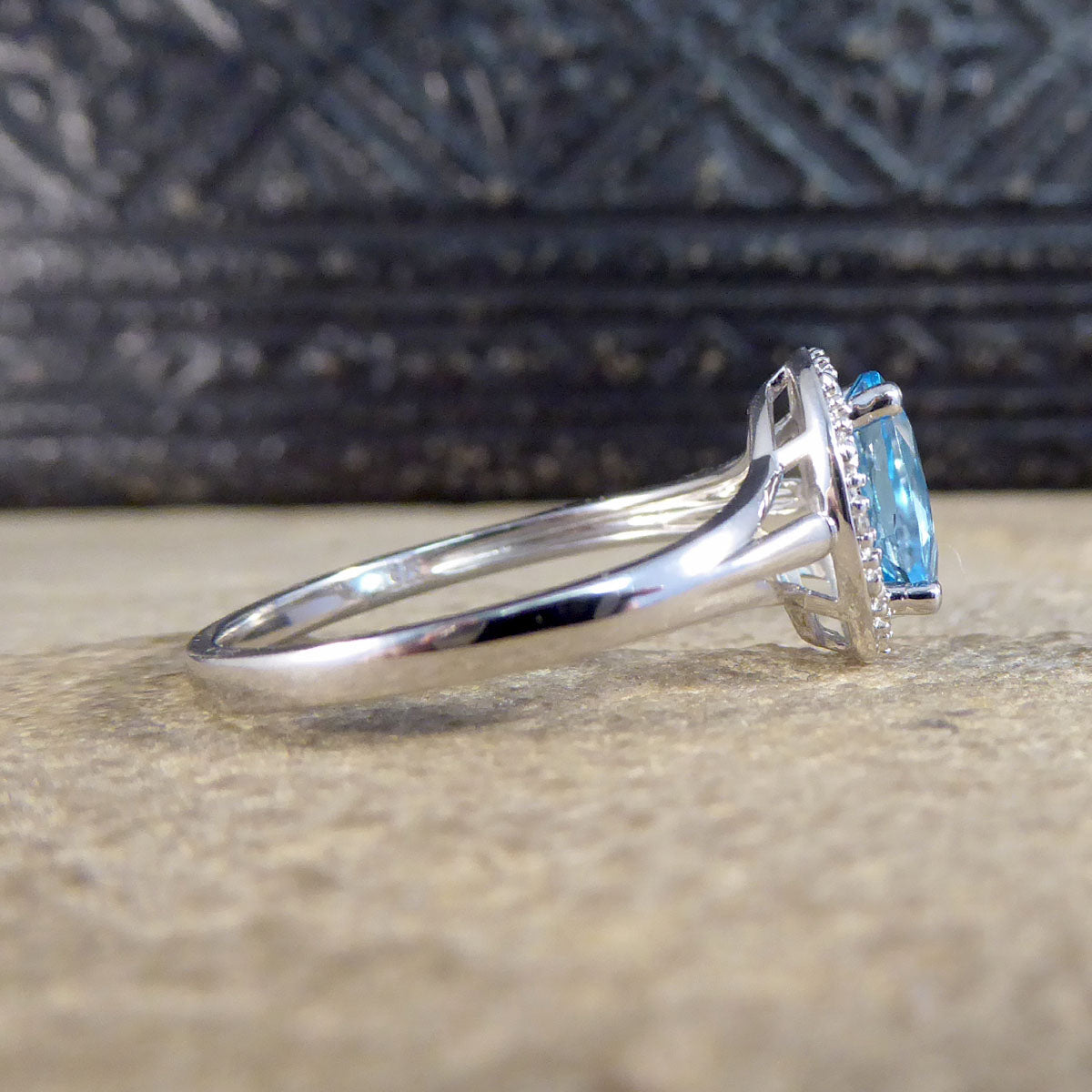 Oval Blue Topaz and Diamond Illusion Halo Cluster Ring in White Gold - Wharfedale Antiques