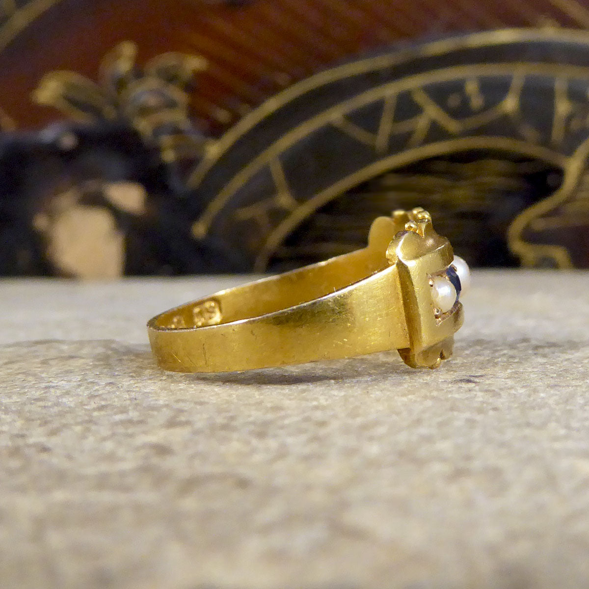 Antique Late Victorian Sapphire and Pearl Five Stone Ring in 15ct Yellow Gold - Wharfedale Antiques