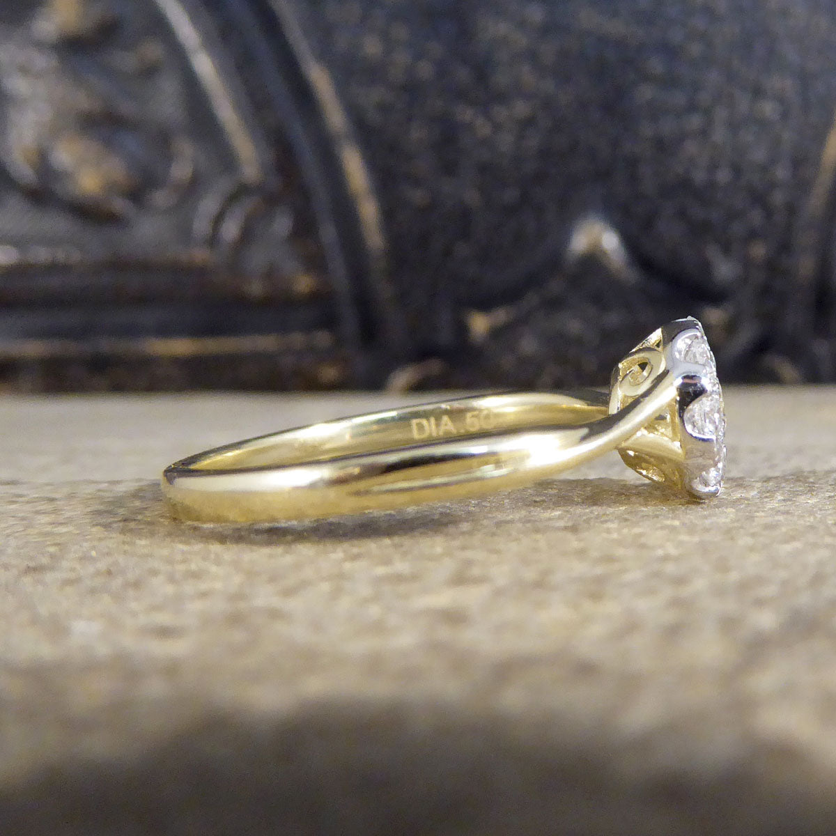 Contemporary 0.50ct Diamond Cluster and 1.75ct Solitaire Look Ring in Yellow Gold - Wharfedale Antiques