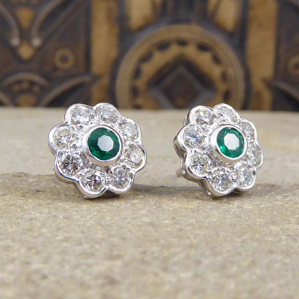 Contemporary Emerald and Diamond Cluster Earrings in 18ct White Gold - Wharfedale Antiques