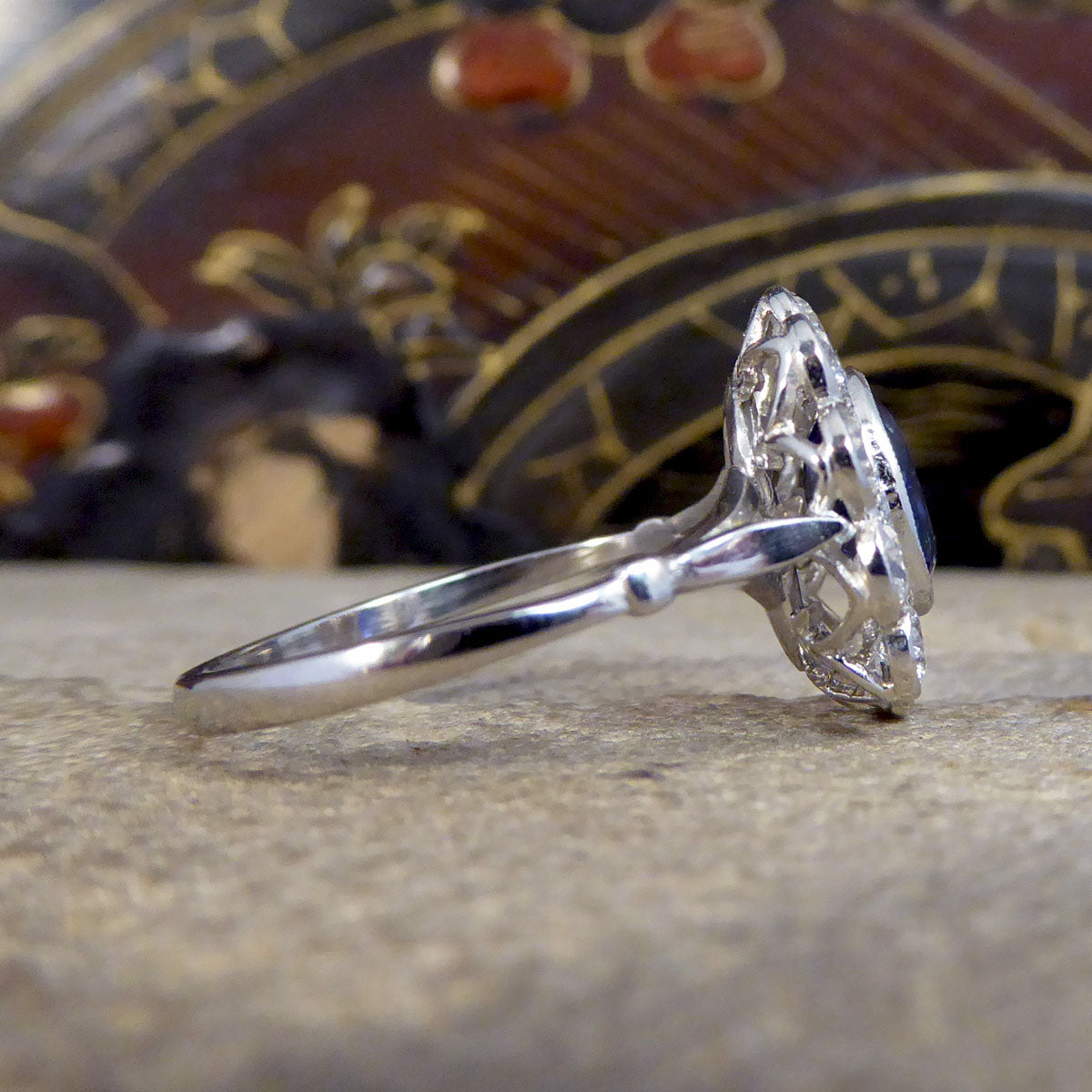2.07ct Sapphire and 0.95ct Total Diamond Cluster Ring in Platinum - Wharfedale Antiques