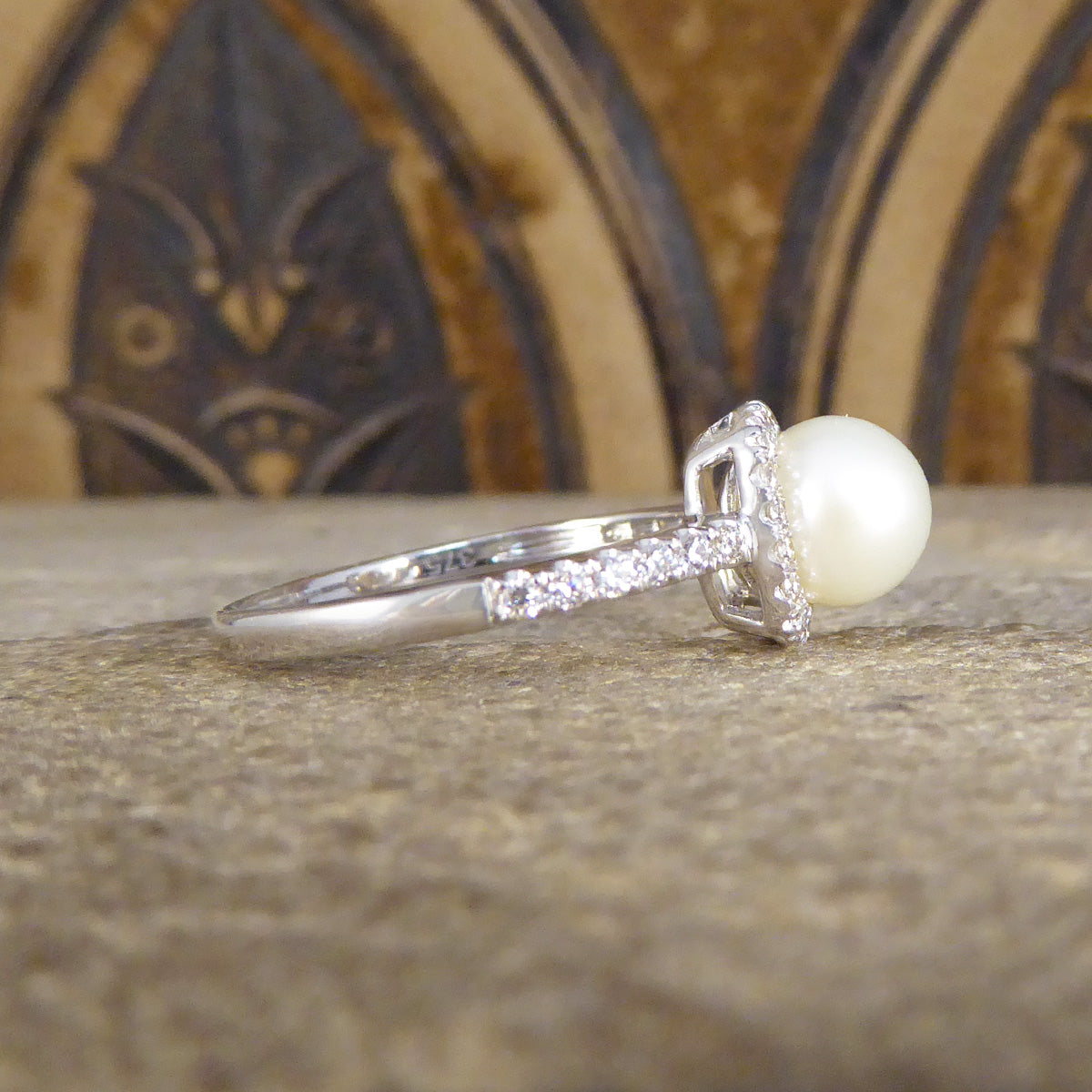 Fresh Water Culture Pearl and Diamond Square Halo Ring in White Gold - Wharfedale Antiques
