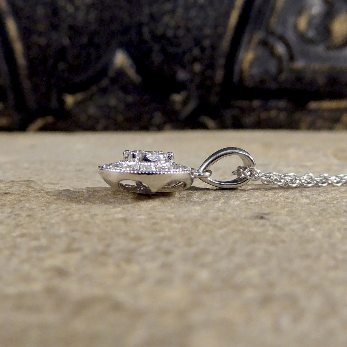 Art Deco Style Modern Diamond Cluster Pendant Necklace in 9ct White Gold - Wharfedale Antiques