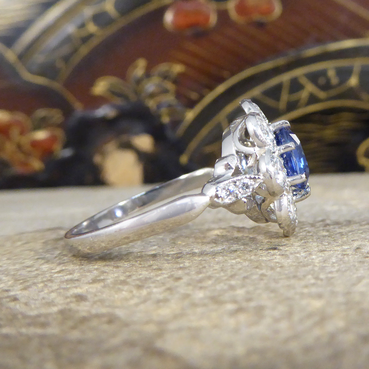 Contemporary Edwardian Style 1.50ct Sapphire and 1.10ct Diamond Cluster Ring in Platinum - Wharfedale Antiques