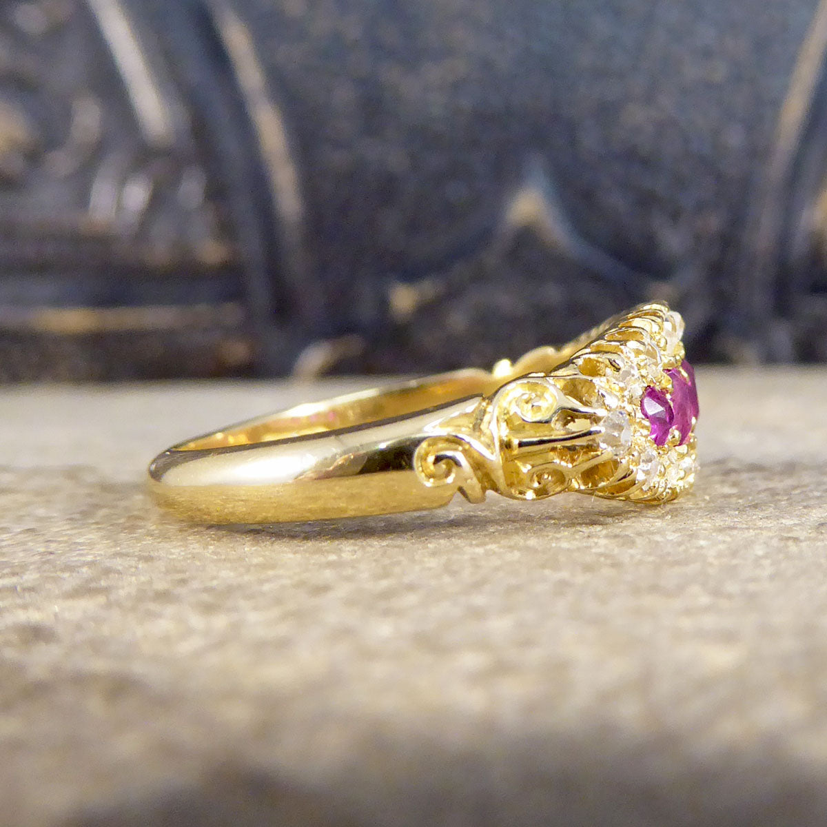 Late Victorian Ruby Five Stone and Diamond Cluster Ring in 18ct Yellow Gold - Wharfedale Antiques