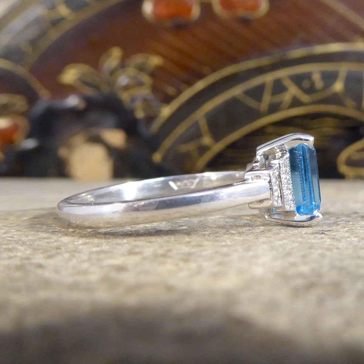 Art Deco Replica Blue Topaz and Diamond Ring in 9ct White Gold - Wharfedale Antiques
