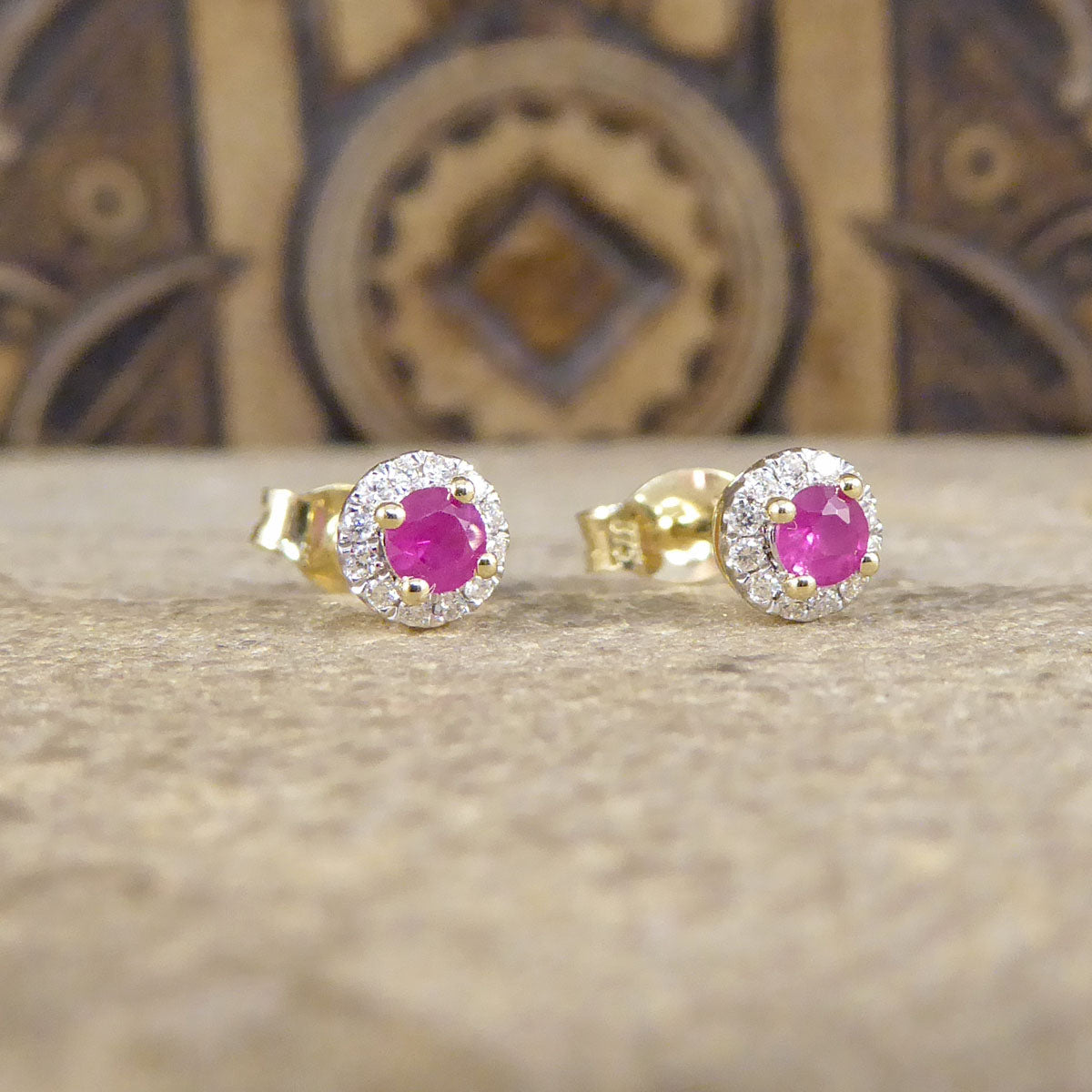 Ruby and Diamond Target Cluster Stud Earrings in 9ct Yellow and White Gold - Wharfedale Antiques