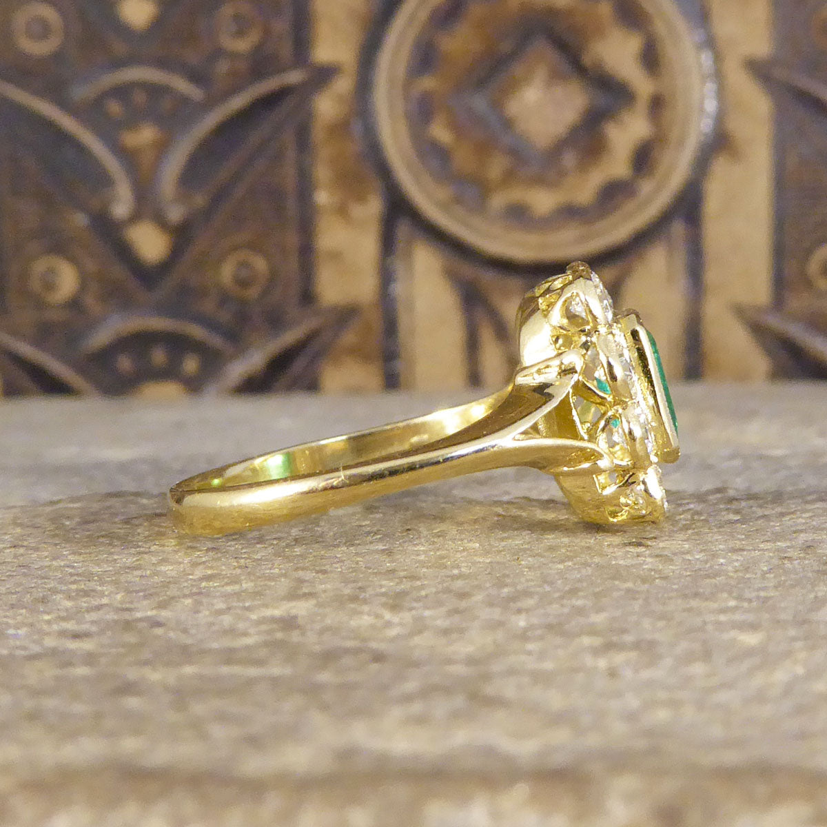 Contemporary Edwardian Style 0.90ct Emerald and 0.90ct Diamond Cluster Ring in 18ct Yellow Gold