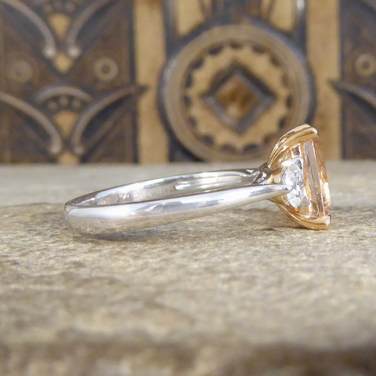 1.75ct Cushion Cut Pink Morganite and Diamond Three Stone Ring in 18ct Rose and White Gold - Wharfedale Antiques