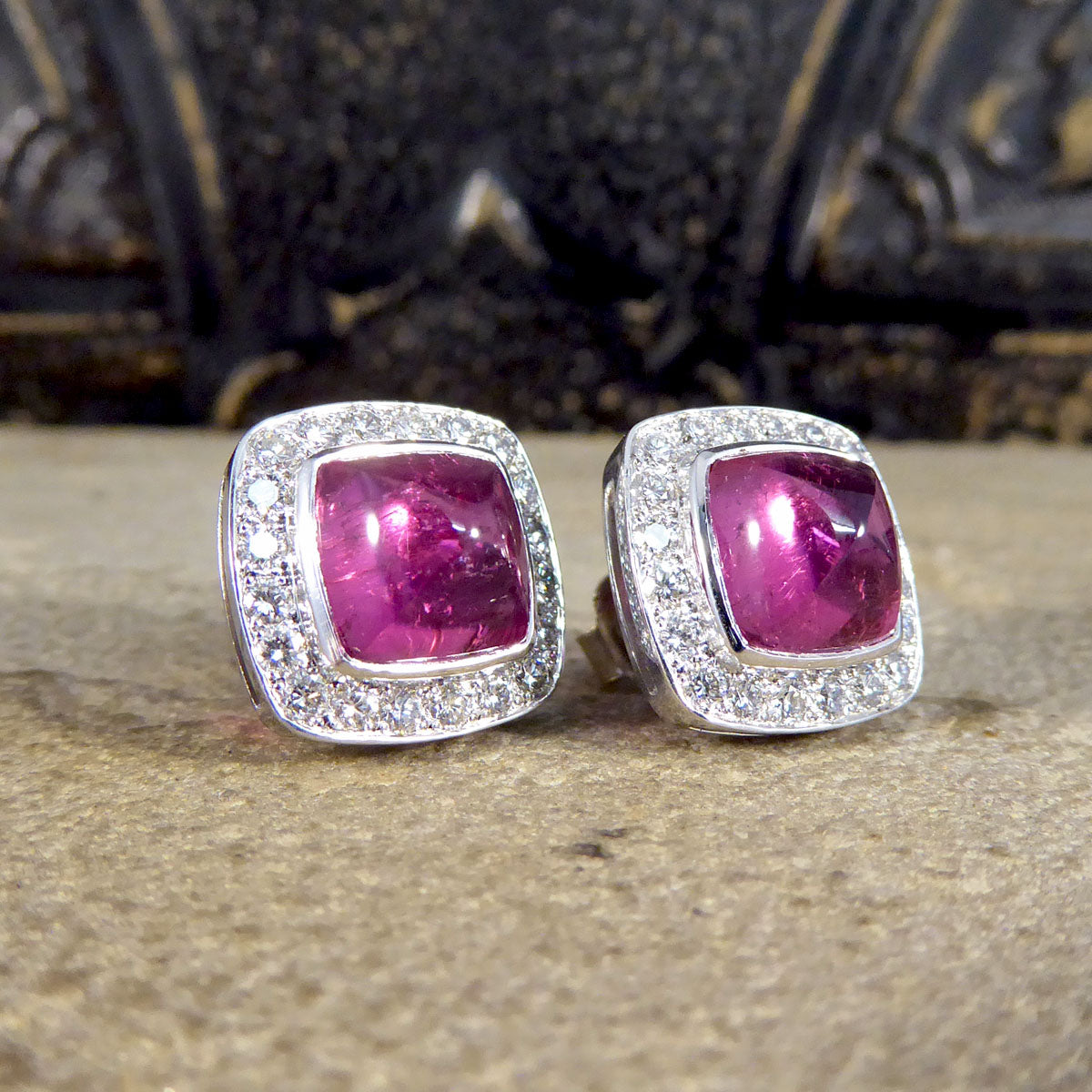 5.78ct Sugarloaf Cut Pink Tourmaline and Diamond Halo Cluster Stud Earrings in 18ct White Gold - Wharfedale Antiques