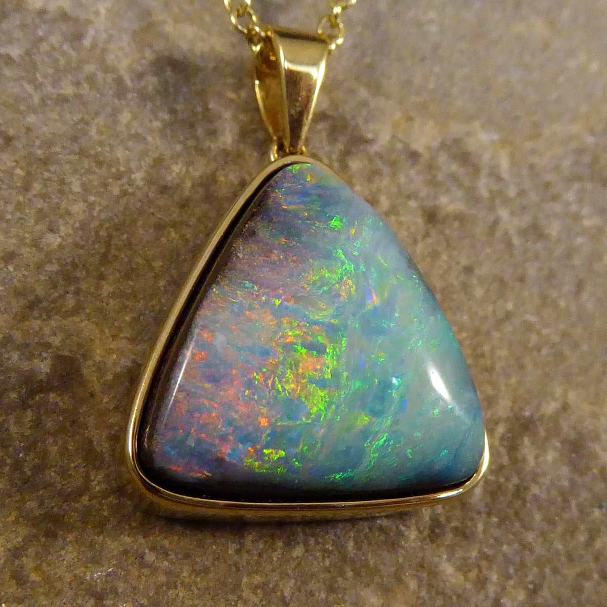 Black Opal Triangular Necklace set in 18ct Yellow Gold on Yellow Gold Trace Chain - Wharfedale Antiques
