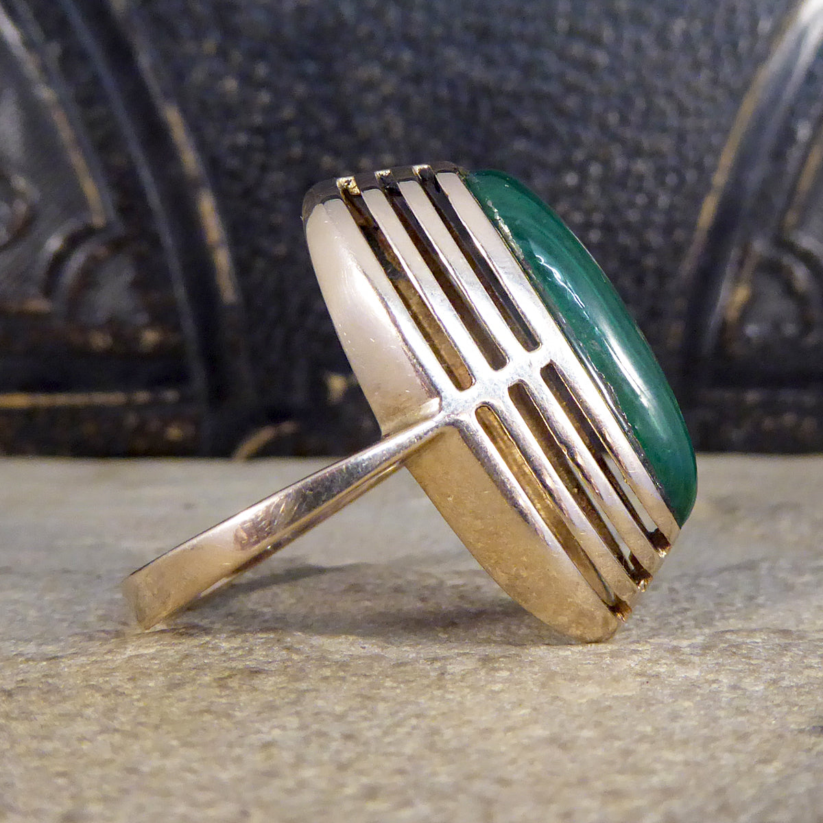 Art Deco High Set Malachite Ring in 9ct Yellow Gold - Wharfedale Antiques