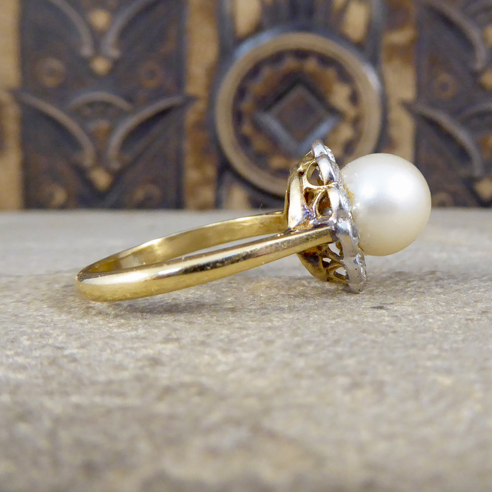1930's Cultured Pearl and Diamond Cluster Ring in 18ct Gold - Wharfedale Antiques