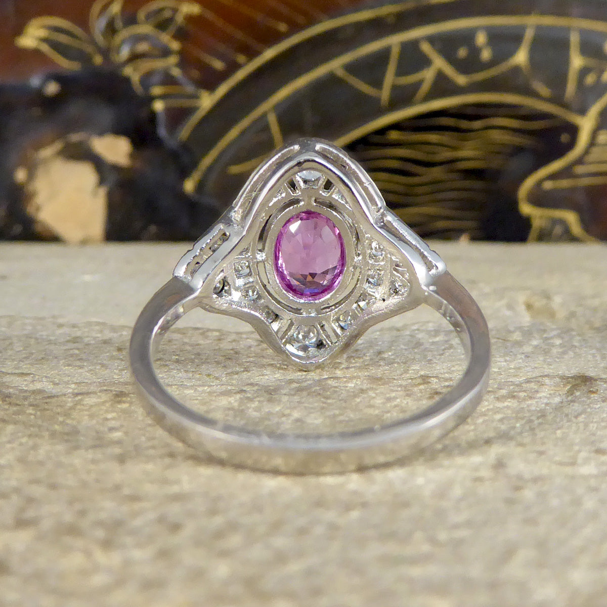 Art Deco Style Pink Sapphire and Diamond Navette Shaped Plaque Ring in Platinum - Wharfedale Antiques