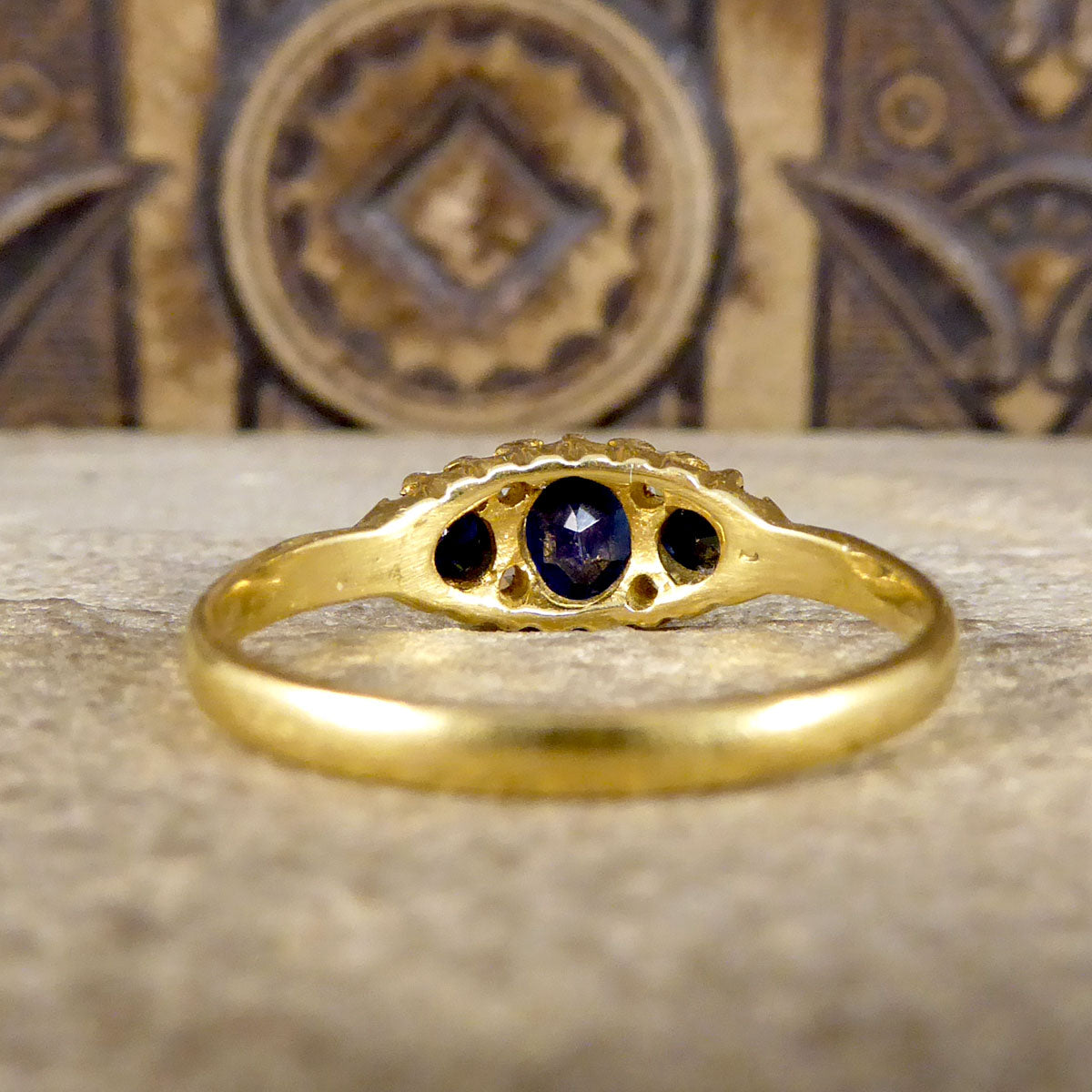 Antique Sapphire and Diamond Boat Ring in 18ct Yellow Gold - Wharfedale Antiques
