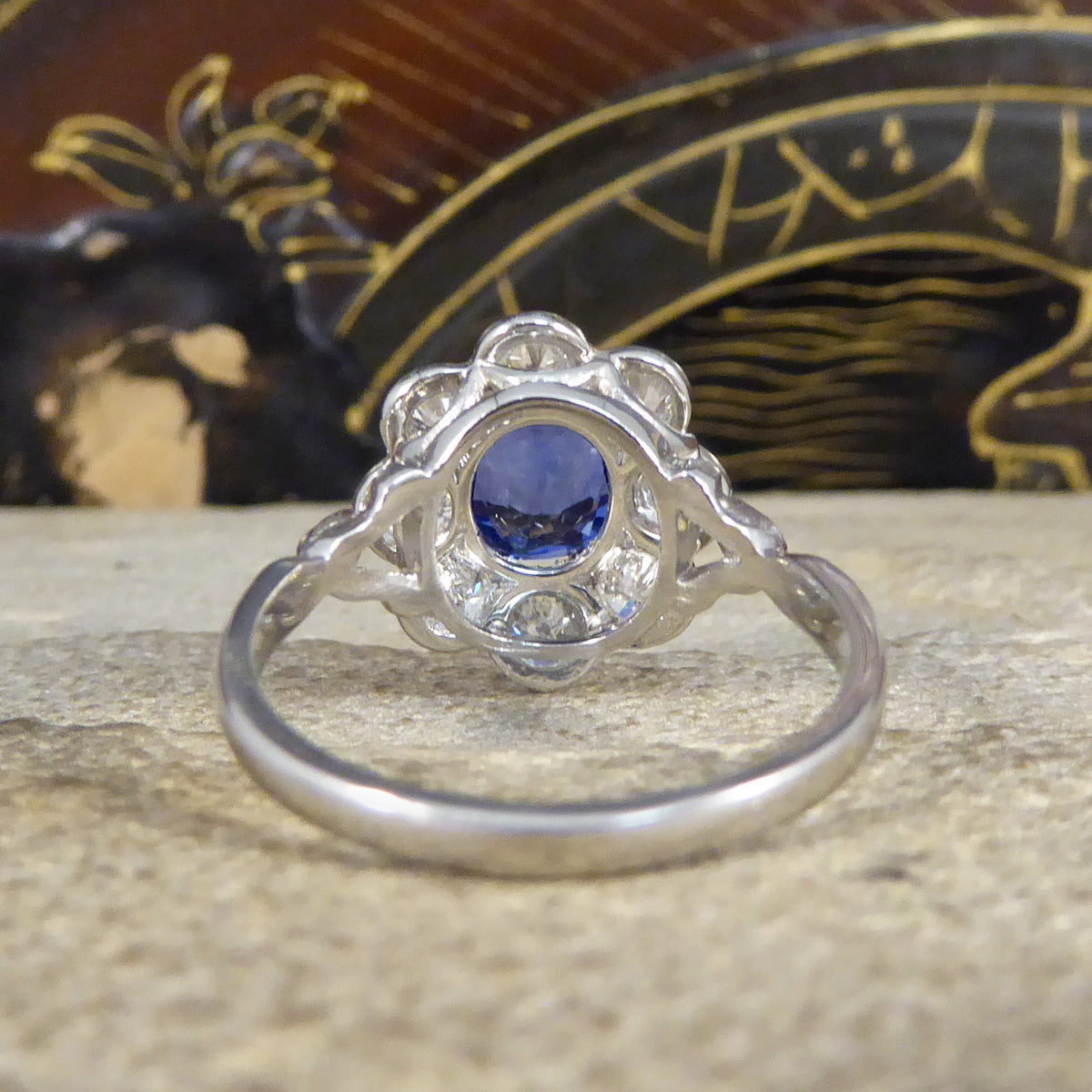 Contemporary Edwardian Style 1.50ct Sapphire and 1.10ct Diamond Cluster Ring in Platinum - Wharfedale Antiques