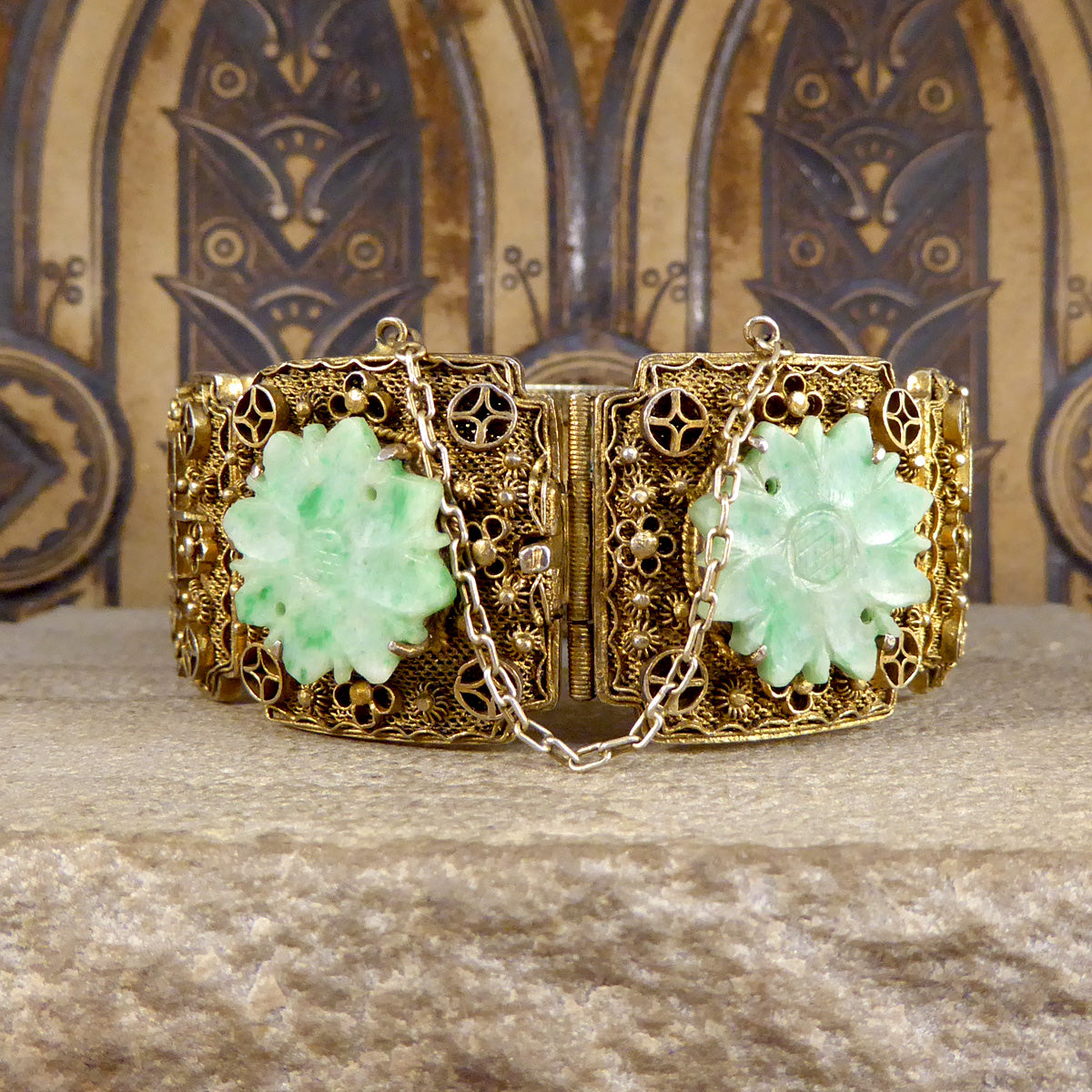 Vintage Jade Carved Flowered Wide Panel Bracelet with Chinese Proverbs in Gold Plated Chinese Silver - Wharfedale Antiques