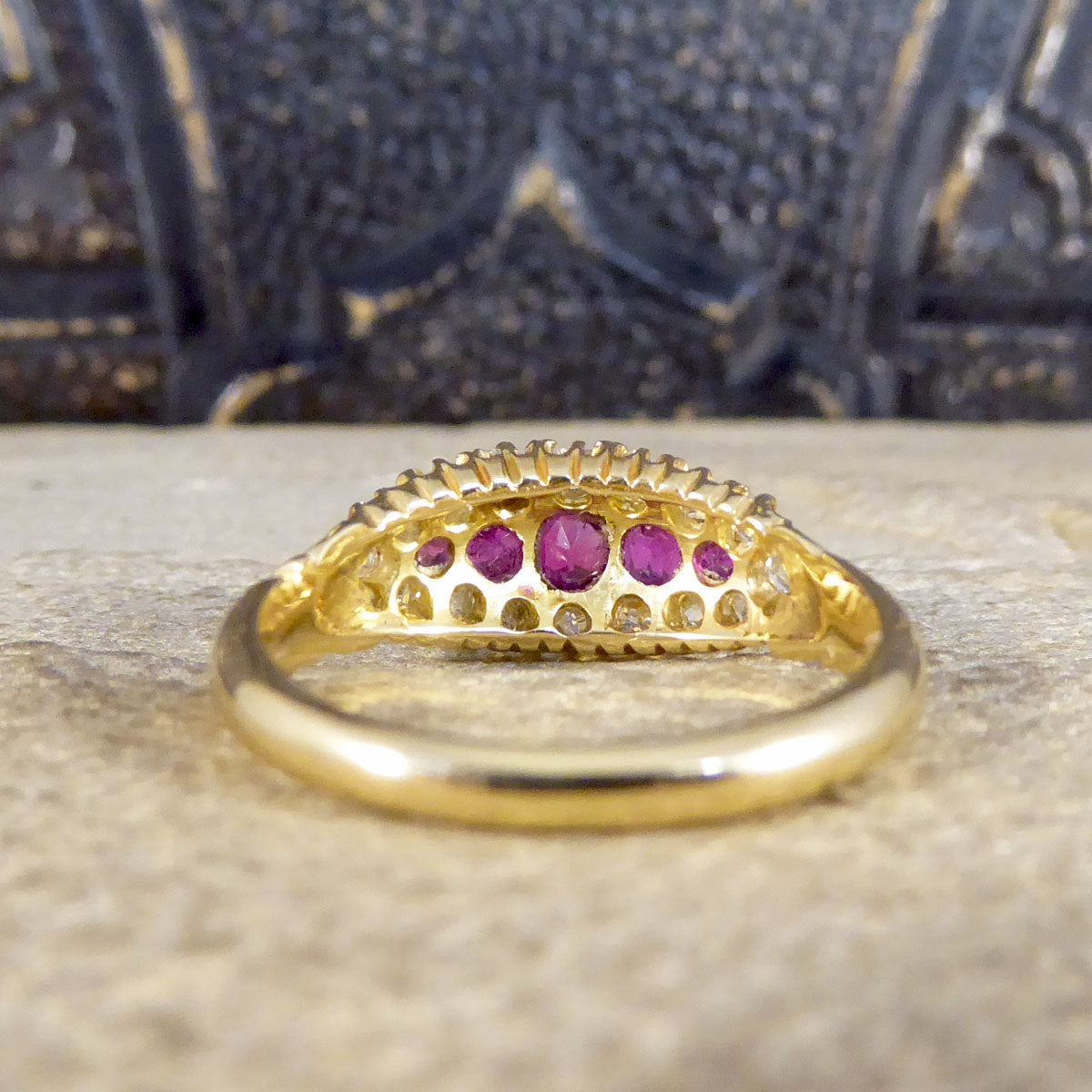 Late Victorian Ruby Five Stone and Diamond Cluster Ring in 18ct Yellow Gold - Wharfedale Antiques