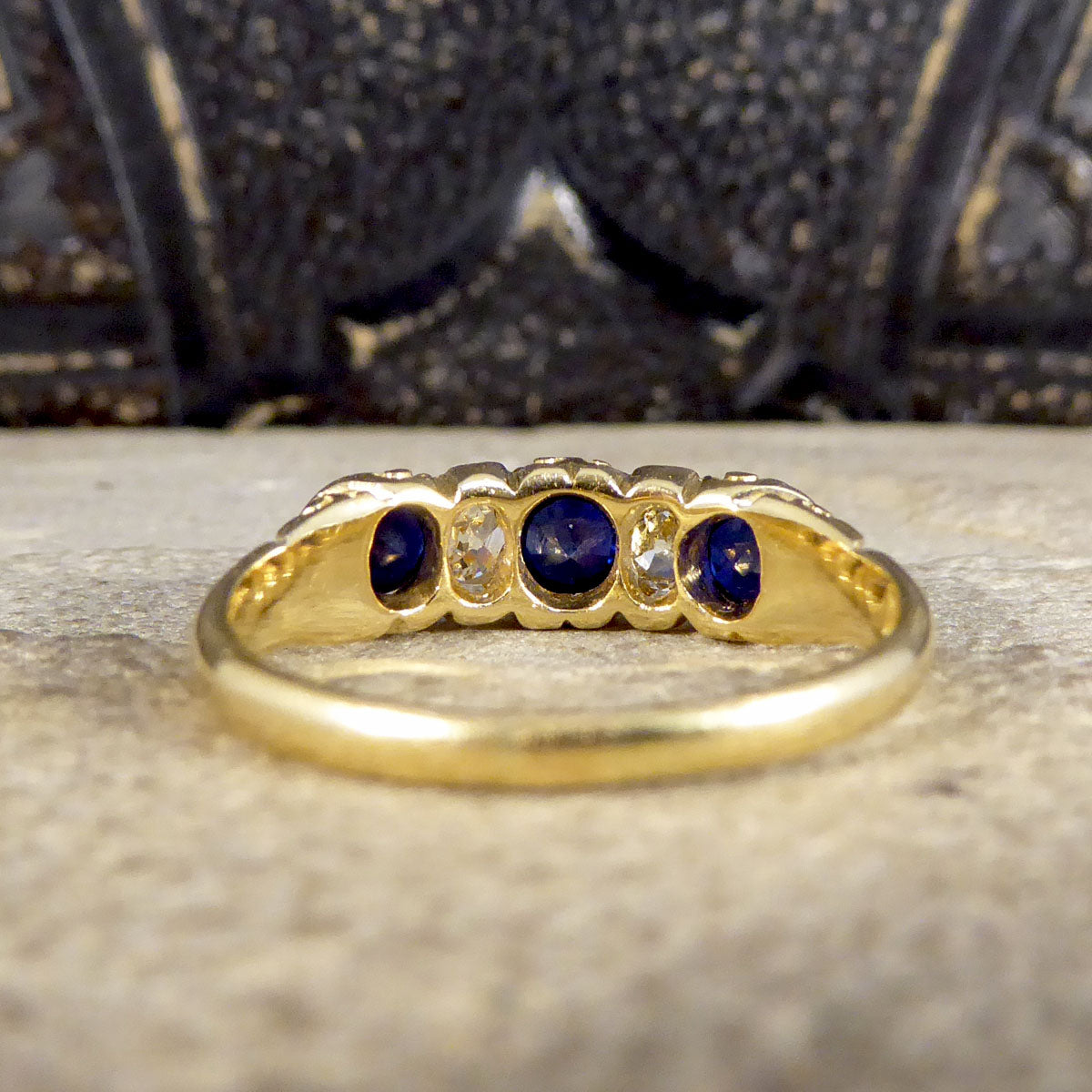 Antique Late Victorian Sapphire and Diamond Five Stone Ring in 18ct Yellow Gold - Wharfedale Antiques