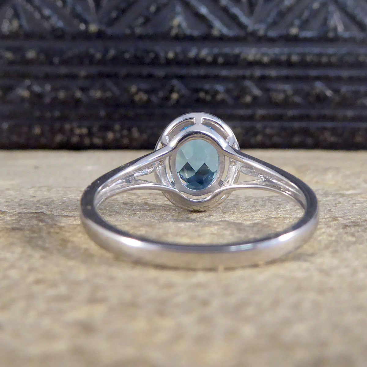 Oval Blue Topaz and Diamond Illusion Halo Cluster Ring in White Gold - Wharfedale Antiques