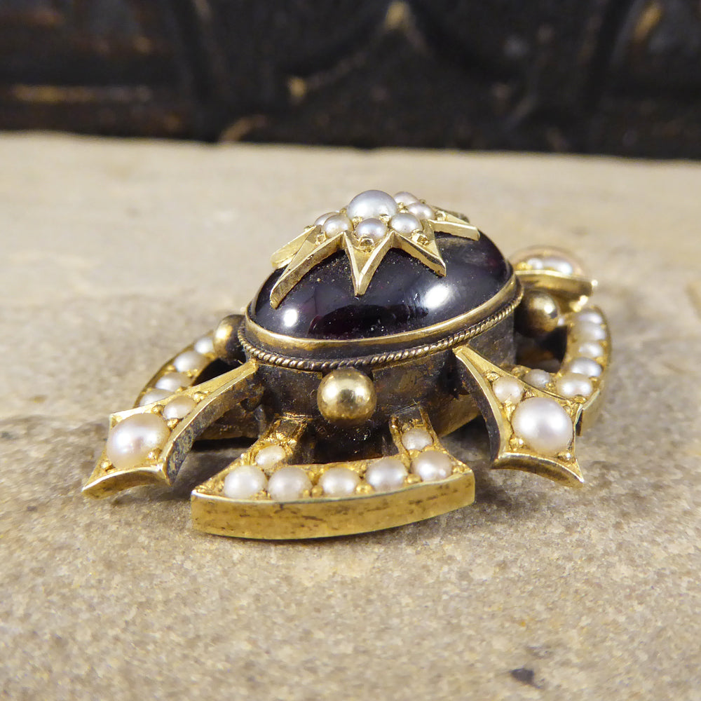 Victorian Cabochon Garnet and Seed Pearl Pendant in 15ct Yellow Gold - Wharfedale Antiques