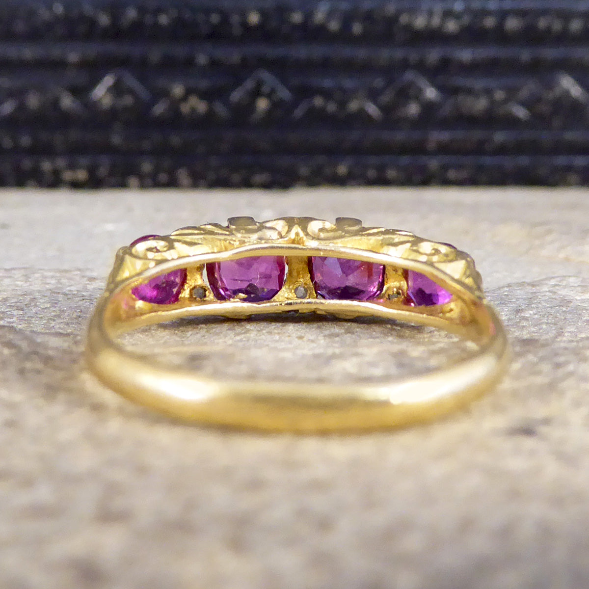 Antique Edwardian 1.18ct Ruby Four Stone Ring with Diamond Spacers Modelled in 18ct Yellow Gold - Wharfedale Antiques