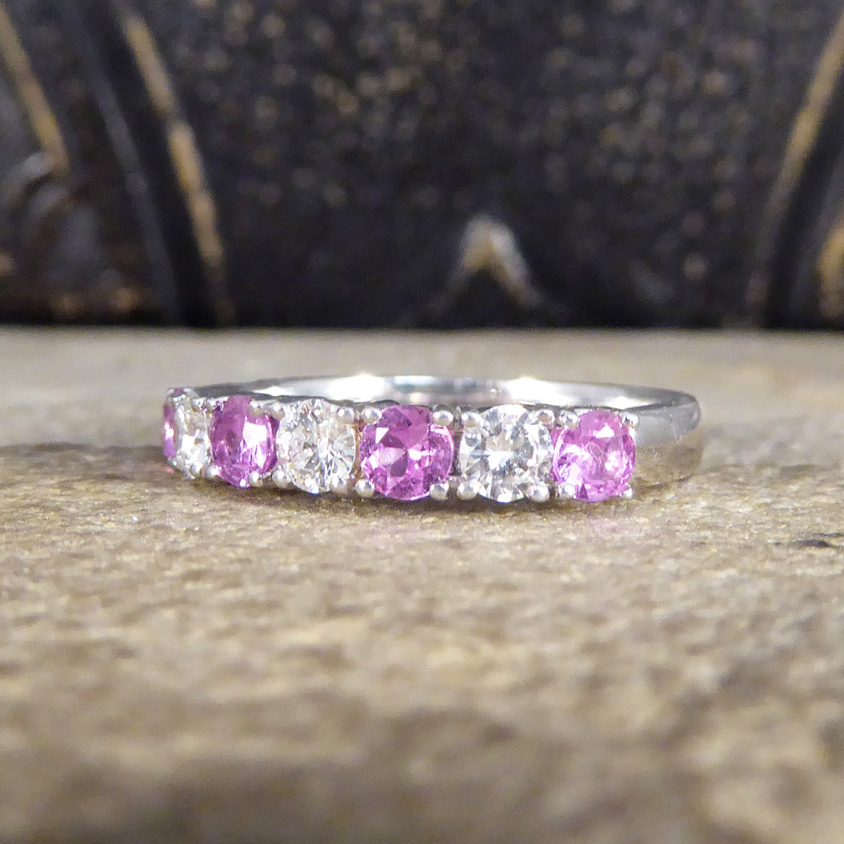 Pink Sapphire and Diamond Half Eternity Ring in 18ct White Gold - Wharfedale Antiques