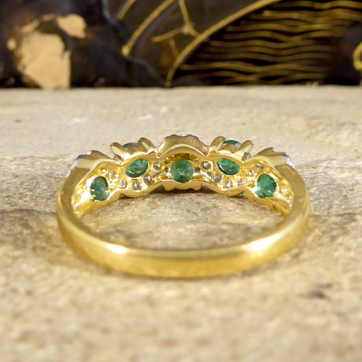 Emerald and Diamond Lazy River Band Ring in 18ct Yellow Gold - Wharfedale Antiques