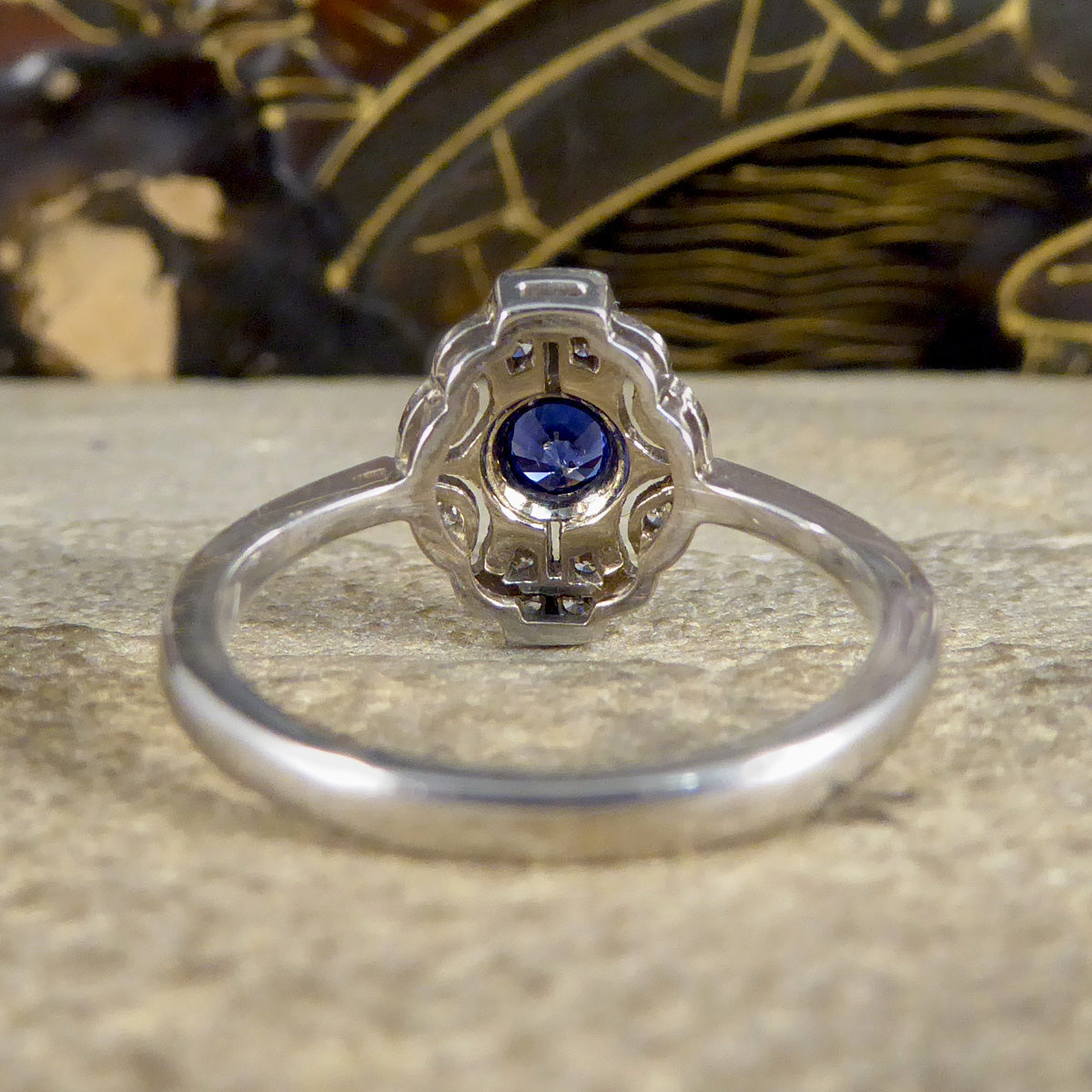 Premium Period Art Deco Replica Sapphire and Diamond Plaque Ring in 18ct White Gold - Wharfedale Antiques