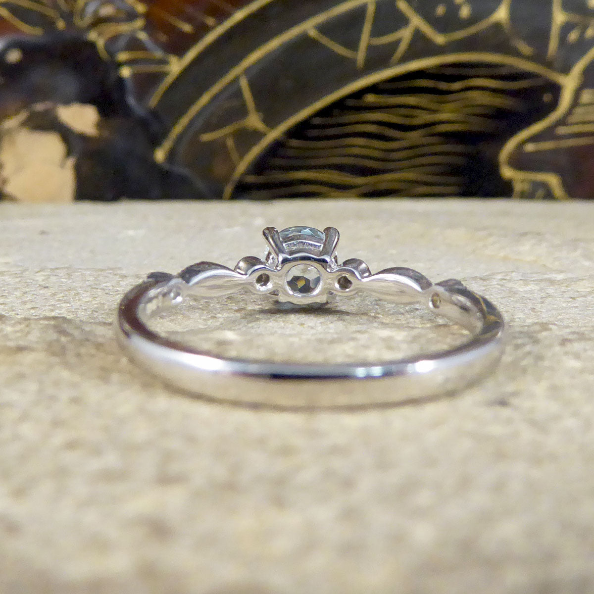 Aquamarine Solitaire Ring with Diamond Milgrain Shoulders in White Gold - Wharfedale Antiques