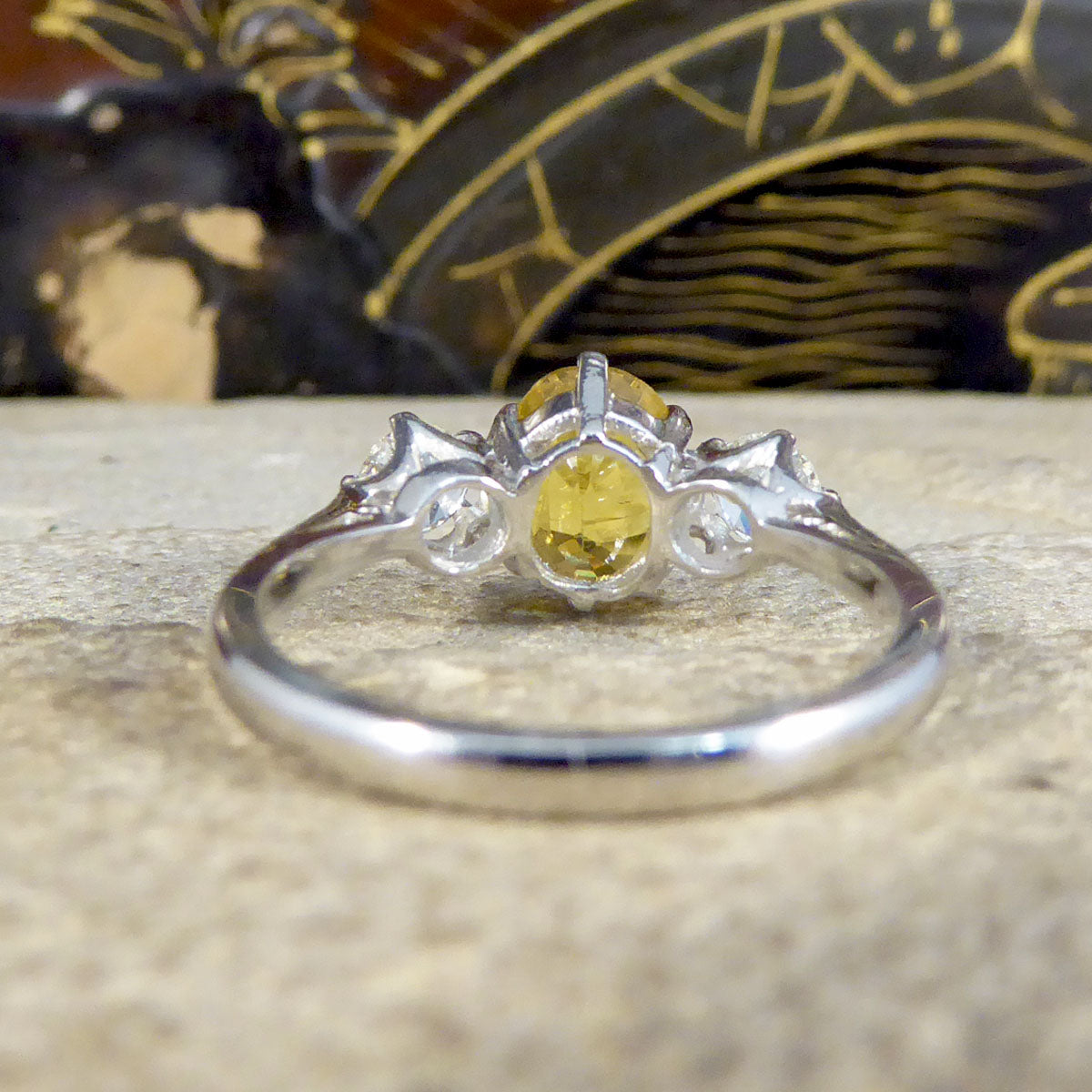 Contemporary 1.84ct Yellow Sapphire and Diamond Three Stone Ring in Platinum - Wharfedale Antiques