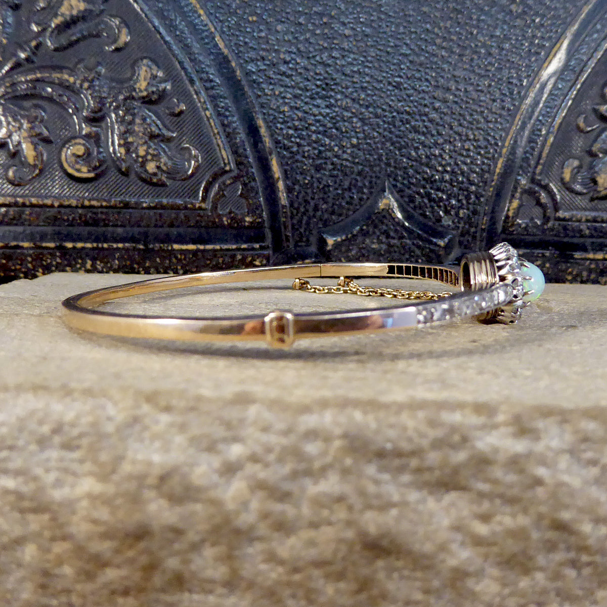 Late Victorian Opal and Diamond Cluster Bangle in 14ct Yellow Gold and Silver