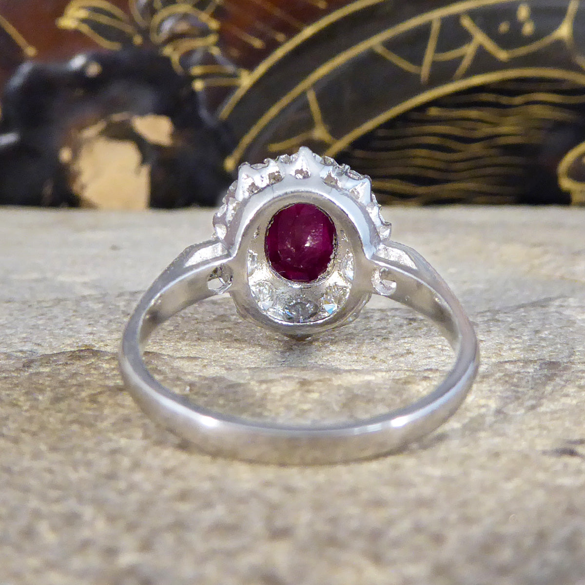 Contemporary 1.28ct Ruby and 0.95ct Diamond Cluster Ring in Platinum - Wharfedale Antiques