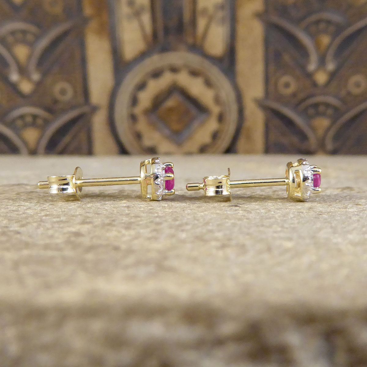 Ruby and Diamond Target Cluster Stud Earrings in 9ct Yellow and White Gold - Wharfedale Antiques