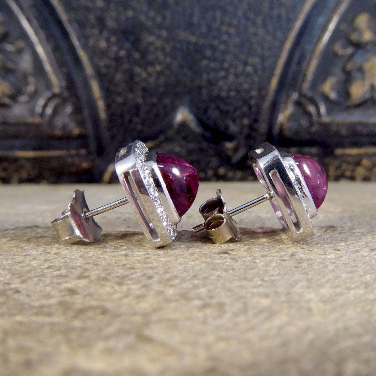 5.78ct Sugarloaf Cut Pink Tourmaline and Diamond Halo Cluster Stud Earrings in 18ct White Gold - Wharfedale Antiques