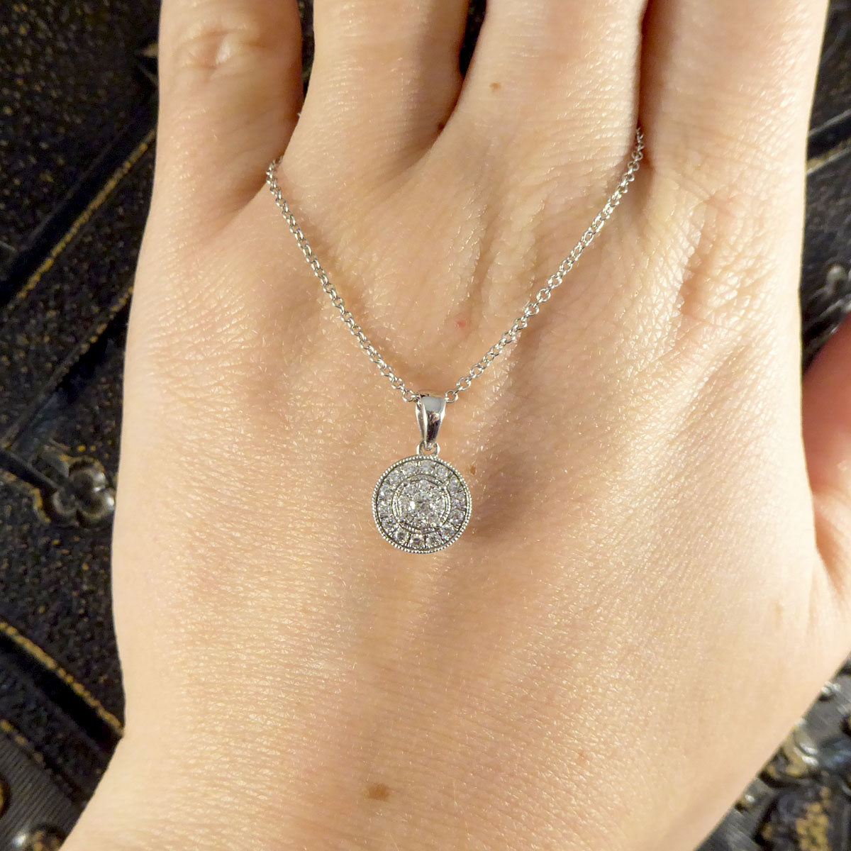 Art Deco Style Modern Diamond Cluster Pendant Necklace in 9ct White Gold - Wharfedale Antiques