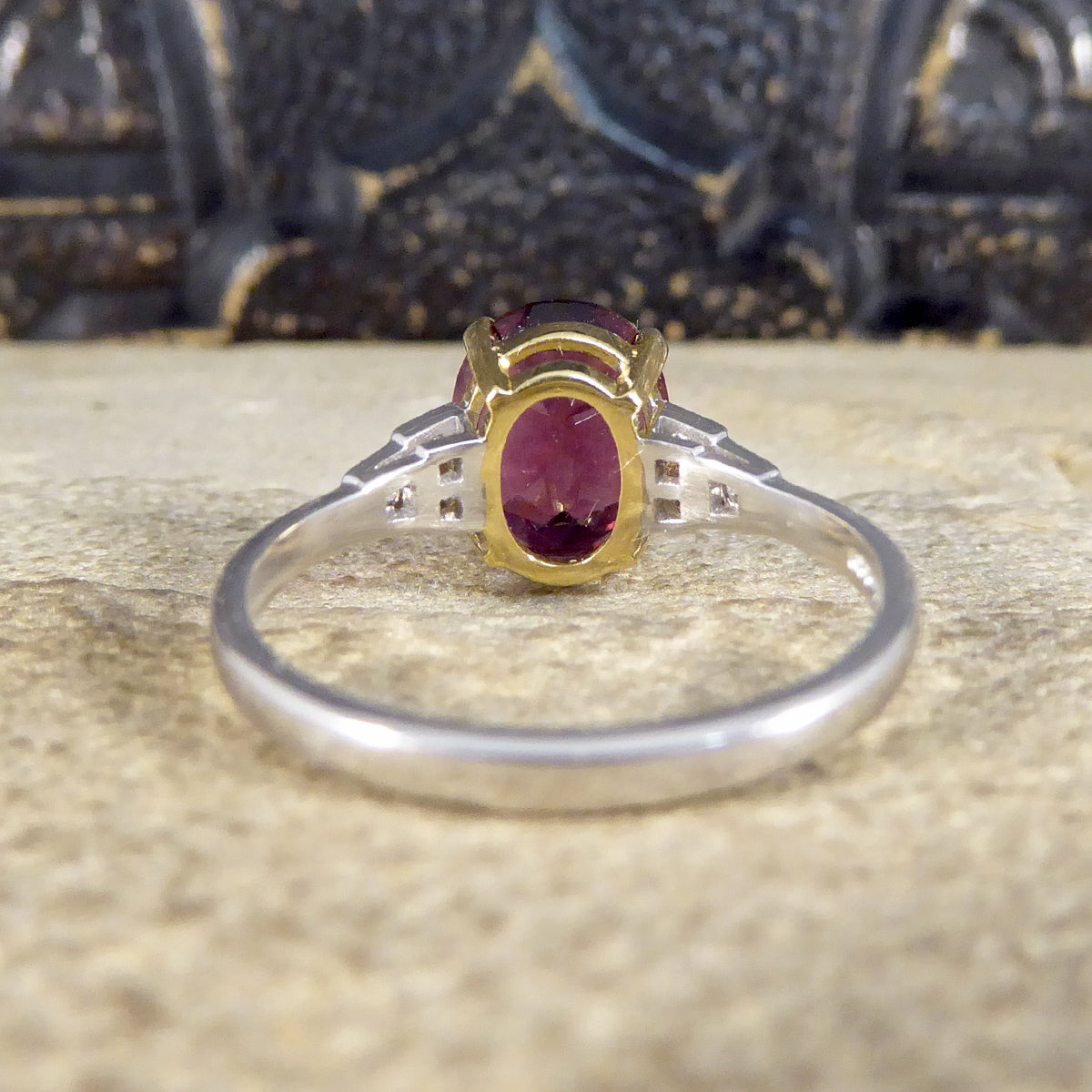 Premium Period Deco Replica 2.77ct Raspberry Red Tourmaline and Diamond Ring in 18ct White and Yellow Gold - Wharfedale Antiques